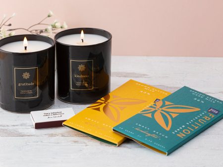 Artisanal Chocolate Gift Set with Orange Blossom & Cedar Scented Candles For Sale