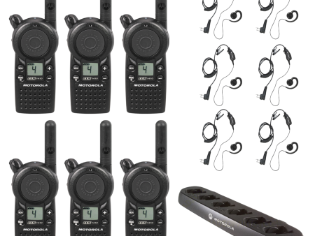 6 Pack of Motorola CLS1410 UHF 1 Watt 4 Channel Lightweight Business Radio with HKLN4604 PTT Earpiece and 56531 Multi-Unit Charger For Discount